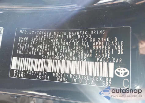 2023 Toyota Corolla Le из США, поврежденный, VIN 5YFB4MDE3PP064155